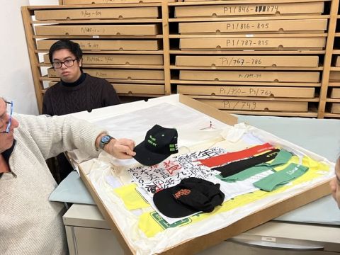 A collection of hats, banners, and posters from the Hong Kong Democratic Protests. Eef mentioned that there were many other languages used in protest material (ie. Bengali), to show support for the cause.  Photo Credit: Cherelle Jaleesa Karsseboom