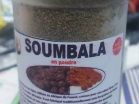 Soumbala powder packed inside a plastic bottle; Credit: Jocelyne Vokouma, 2024